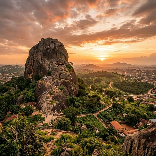 Beautiful panoramic view of Nigerian landscape with Olumo Rock and Abeokuta hills